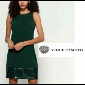 Vince Camuto Dark Green Sleeveless Shift Dress with Sequin Hem